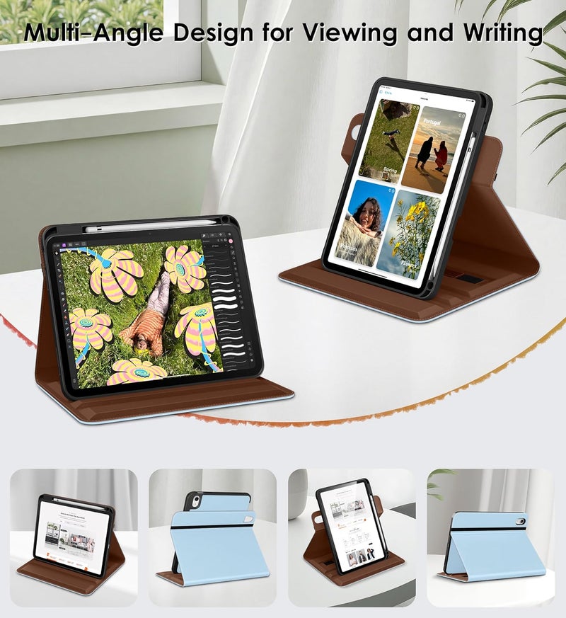 DTTO for iPad A16 Case, iPad 11th / 10th Generation Case (2025/2022), 360 Degree Rotating Premium Leather Folio Stand Cover with Pencil Holder, Ice Blue - Image 2